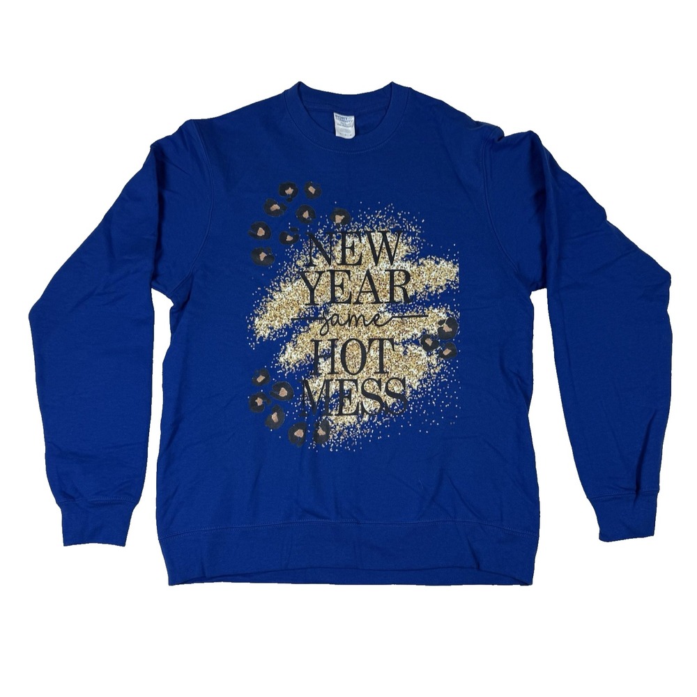 New Year Same Hot Mess Celebration Long Sleeve Sweater Blue Women's Medium